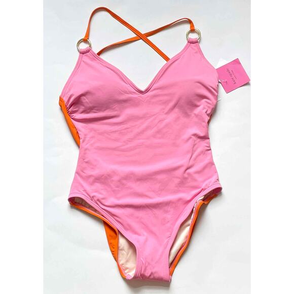 Kate Spade Color Block Gold One Piece Bathing Suit Pink Orange Medium NEW - Picture 5 of 7